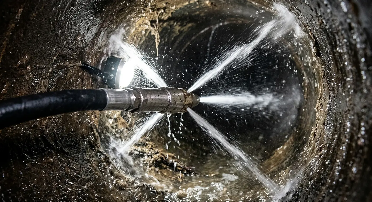 High-pressure hydro jetting nozzle cleaning sewer pipe for Storm Drain Cleaning in Meridian