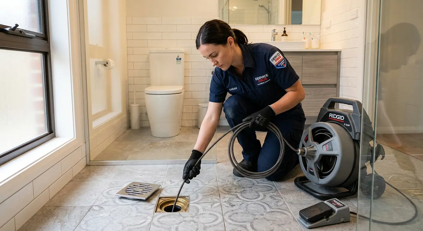 Technician clearing a bathroom floor drain for Sewer Line Replacement in Meridian